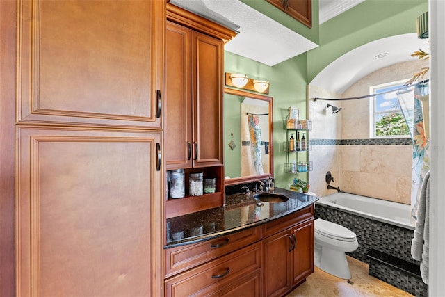 bathroom featuring toilet, shower / tub combo with curtain, tile patterned flooring, crown molding, and vanity