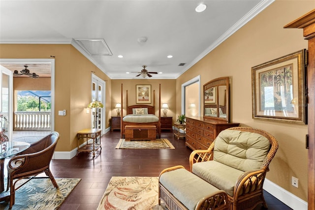 bedroom featuring baseboards, dark wood-style floors, ornamental molding, access to outside, and recessed lighting