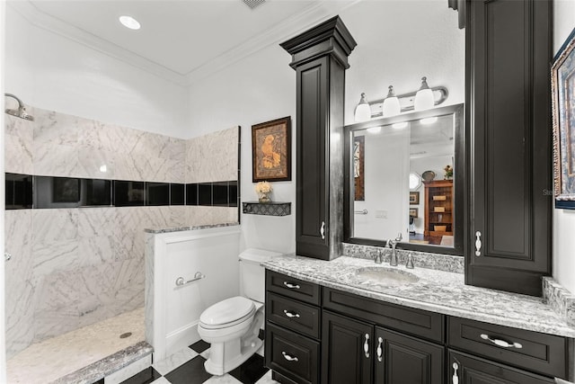 full bath featuring a walk in shower, toilet, vanity, decorative columns, and crown molding