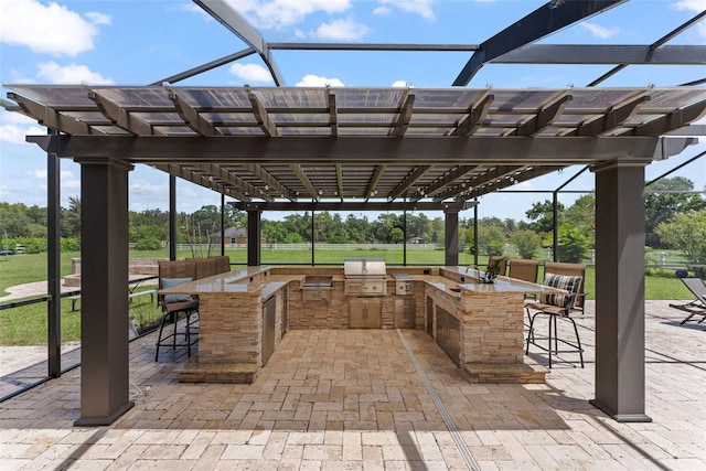 view of patio / terrace with outdoor wet bar, a lanai, a grill, and area for grilling