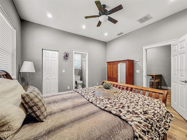 bedroom with recessed lighting, visible vents, and light wood-style flooring