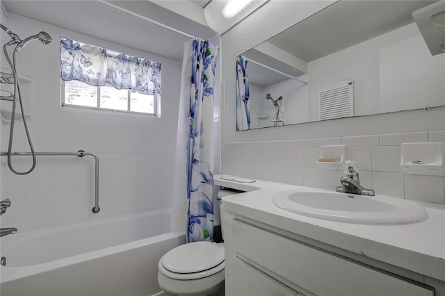 full bathroom featuring backsplash, toilet, tile walls, shower / tub combo with curtain, and vanity