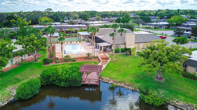 drone / aerial view featuring a water view