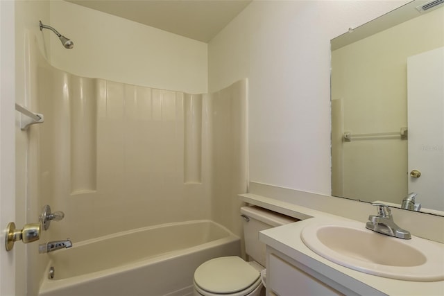 full bath featuring toilet, shower / tub combination, visible vents, and vanity