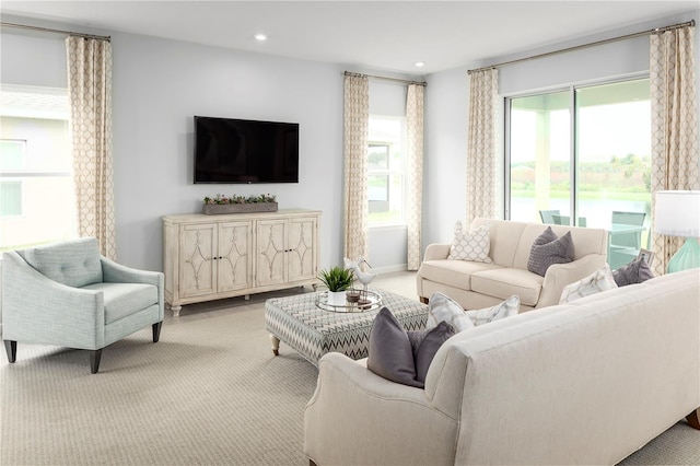 living room featuring light colored carpet