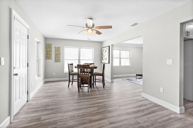 dining room featuring light wood-type flooring, ceiling fan, and a textured ceiling