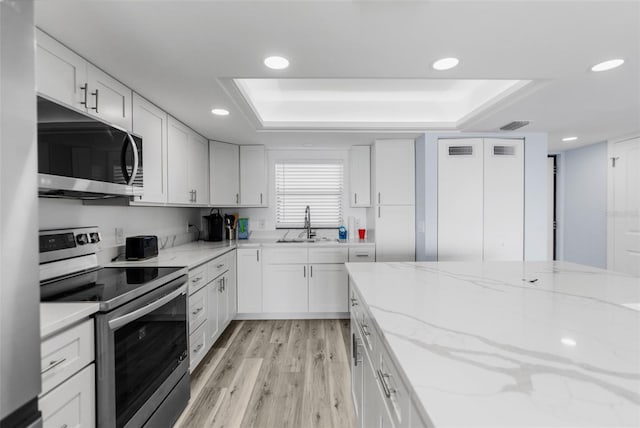 kitchen featuring stainless steel appliances, light wood-type flooring, a tray ceiling, and white cabinets