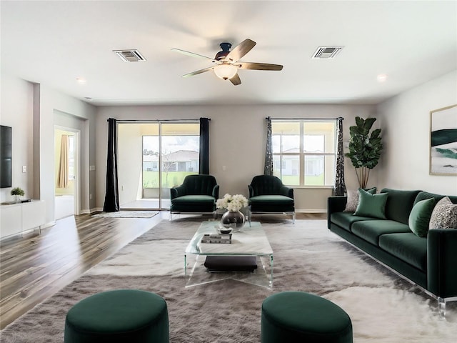 living room featuring plenty of natural light, ceiling fan, and wood-type flooring