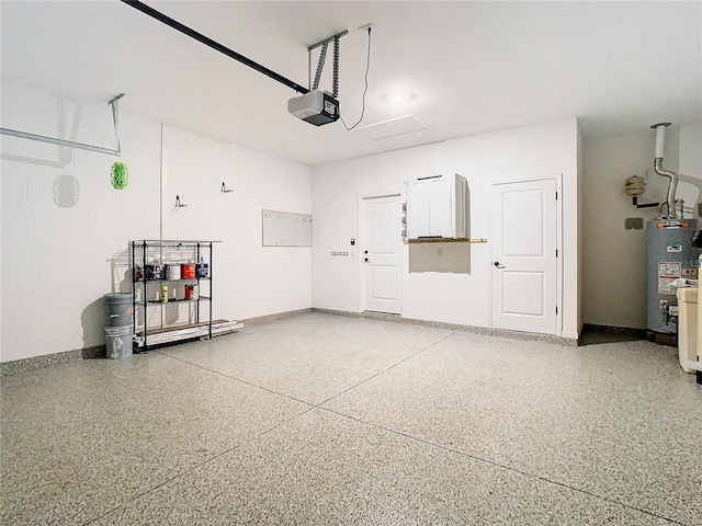 garage with a garage door opener, water heater, and baseboards