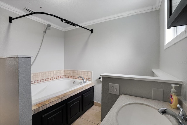 bathroom featuring tile patterned floors, sink, crown molding, a tub to relax in, and a textured ceiling