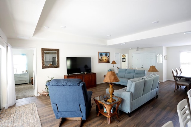 living room with a wealth of natural light, a tray ceiling, and dark hardwood / wood-style flooring