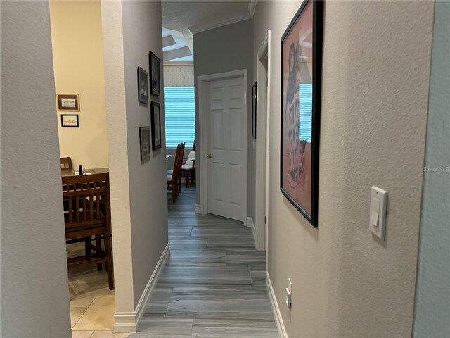 hall with crown molding and hardwood / wood-style flooring