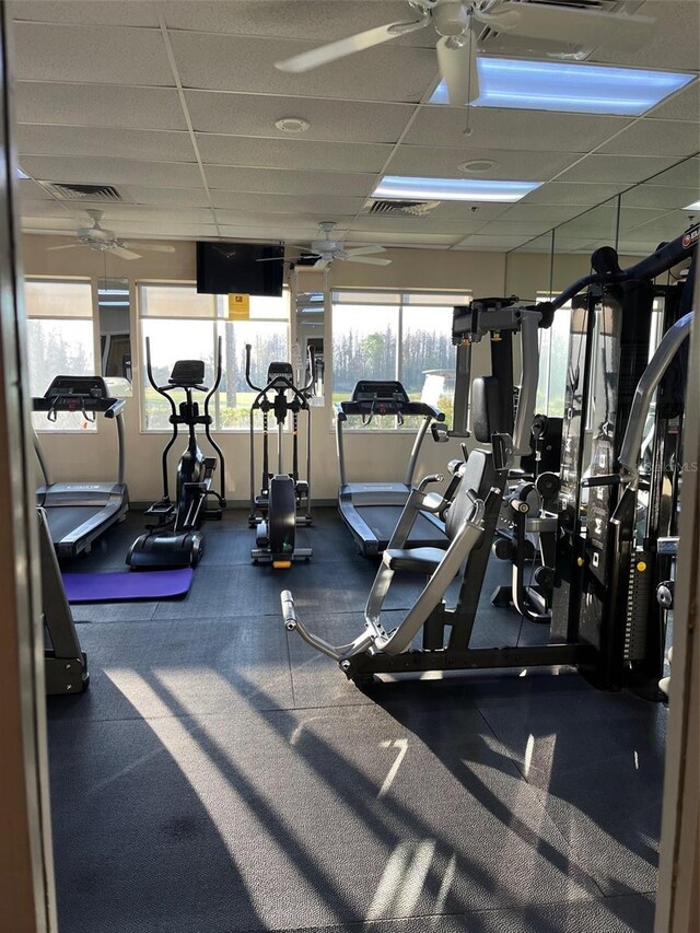 gym with ceiling fan and a drop ceiling