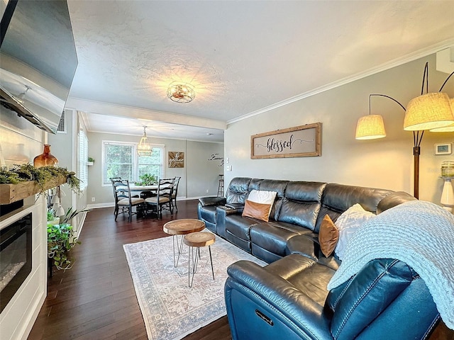 living room featuring ornamental molding, dark hardwood / wood-style flooring, and a textured ceiling