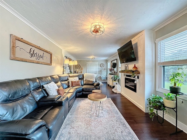 living room featuring crown molding, dark wood-type flooring, a textured ceiling, and a large fireplace