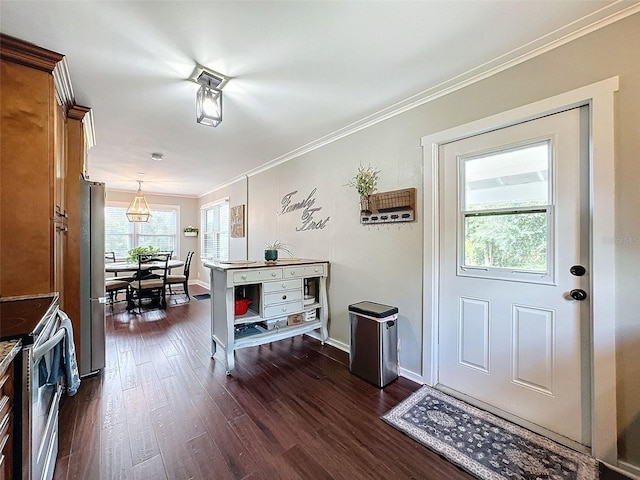 interior space featuring ornamental molding and dark wood-type flooring