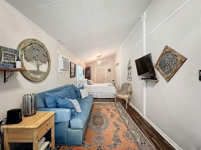 living room featuring lofted ceiling and dark hardwood / wood-style floors