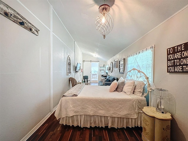 bedroom with dark hardwood / wood-style flooring, crown molding, and vaulted ceiling