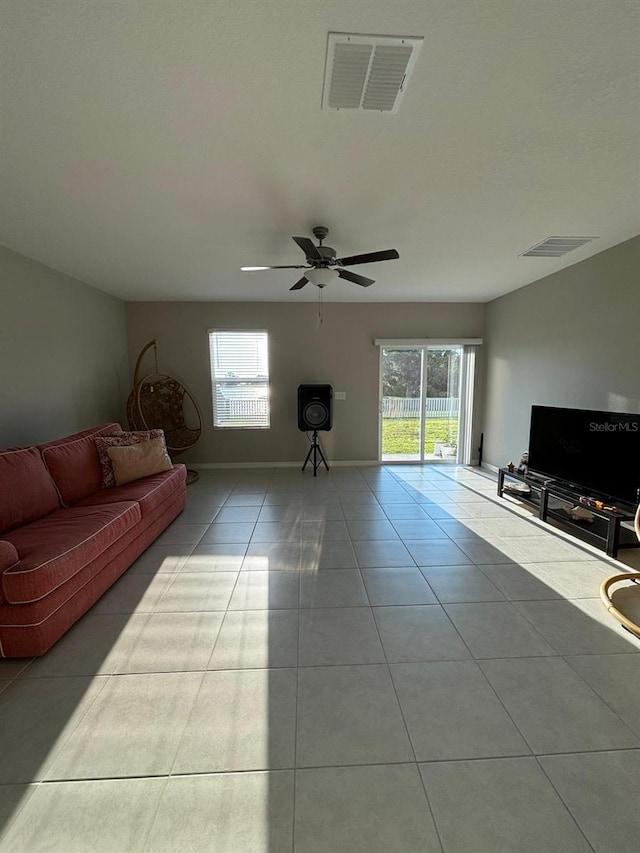 15434 Miller Creek Dr, Sun City Center, FL 33573 - living area featuring tile patterned flooring, a ceiling fan, visible vents, and baseboards
