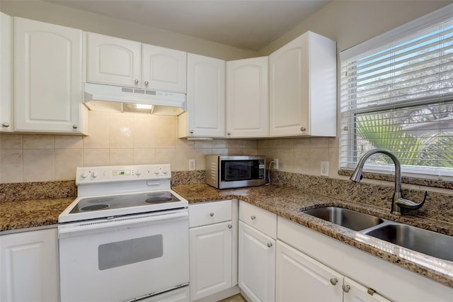 kitchen featuring white cabinetry, sink, and white electric range