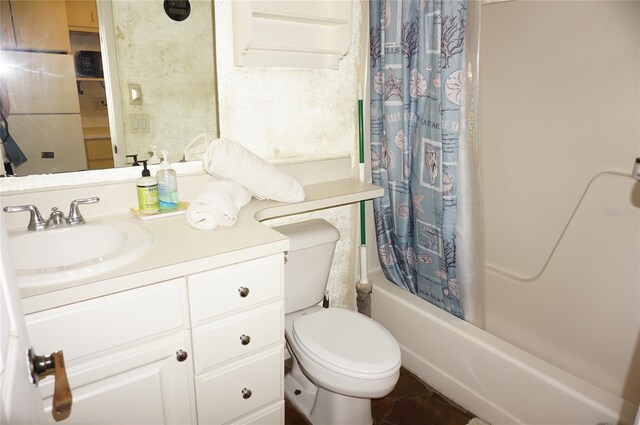 full bathroom with vanity, toilet, and shower / bath combination with curtain