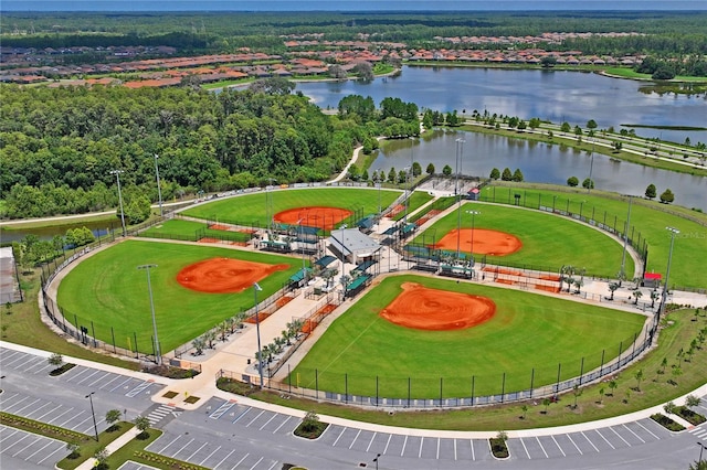 bird's eye view with a water view