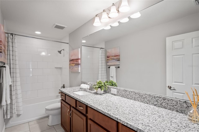 bathroom featuring visible vents, toilet, shower / tub combo, tile patterned floors, and vanity