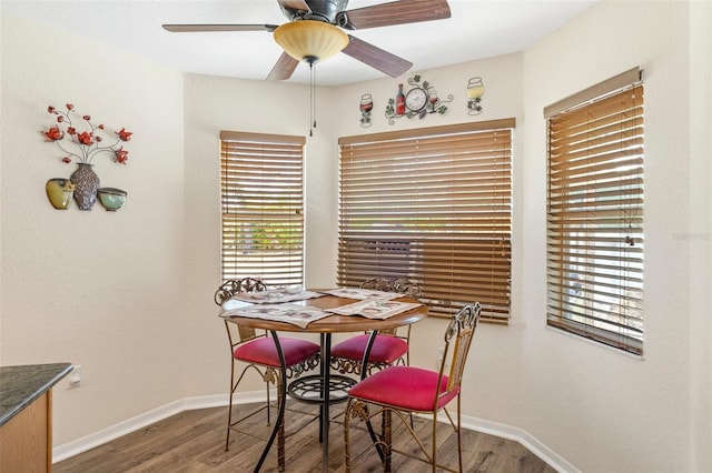 dining space featuring ceiling fan and wood-type flooring