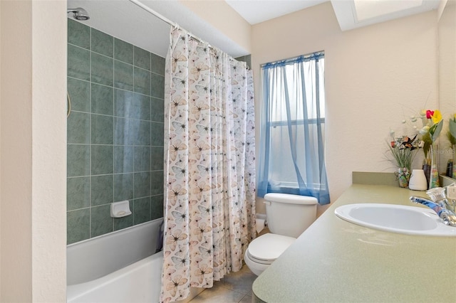 full bathroom with toilet, shower / bathtub combination with curtain, tile patterned floors, and vanity