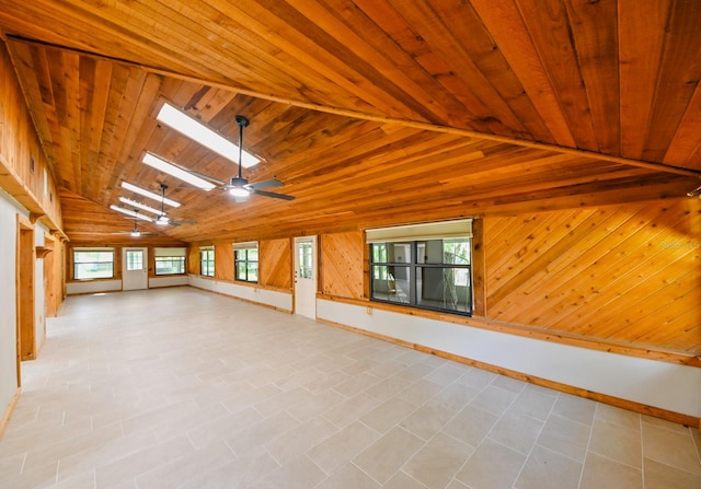 empty room featuring wood ceiling, ceiling fan, and lofted ceiling with skylight