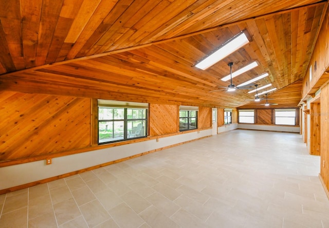 spare room featuring wood ceiling and lofted ceiling with skylight