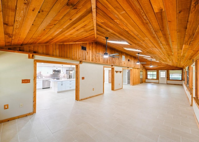 unfurnished living room with wood ceiling, ceiling fan, and vaulted ceiling