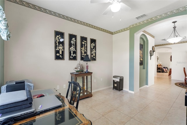 home office with ceiling fan and light tile patterned flooring