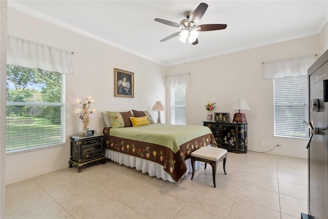 tiled bedroom with multiple windows, ceiling fan, and crown molding