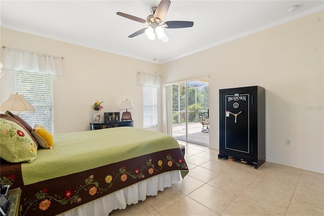 bedroom featuring ceiling fan, light tile patterned floors, access to exterior, and crown molding