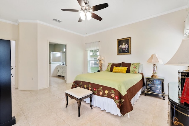 tiled bedroom featuring ceiling fan, ornamental molding, and ensuite bathroom