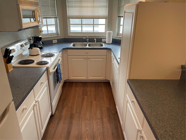 kitchen with white cabinets, white appliances, dark hardwood / wood-style floors, and sink