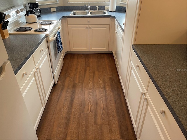 kitchen featuring dark wood-type flooring, sink, and white appliances