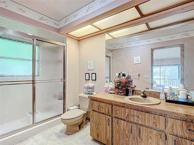 bathroom with vanity, toilet, and an enclosed shower