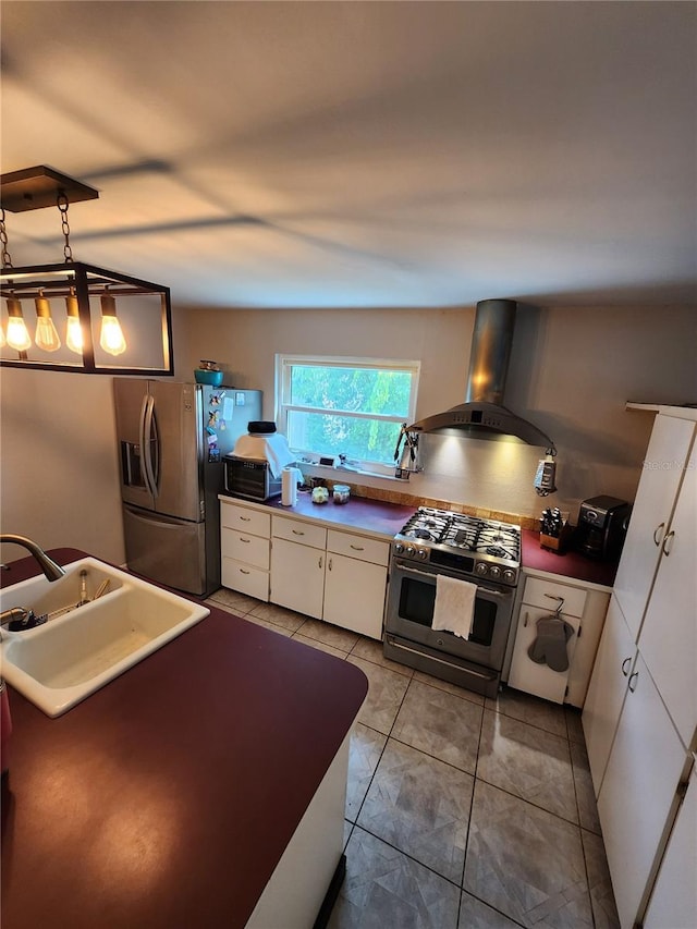 kitchen with white cabinetry, vaulted ceiling, island range hood, stainless steel appliances, and sink