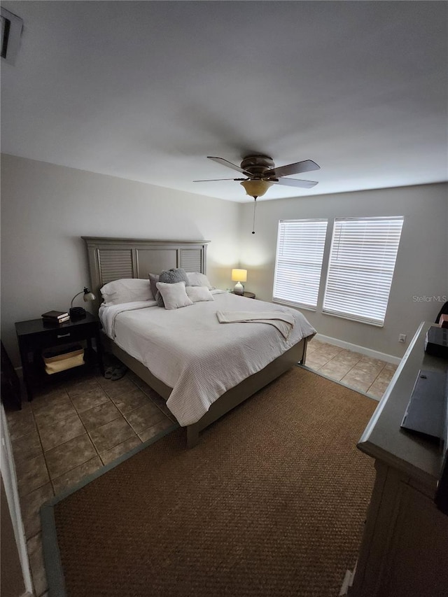 bedroom featuring ceiling fan and tile patterned floors