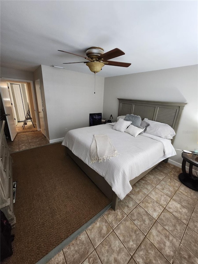 bedroom featuring ceiling fan and tile patterned floors