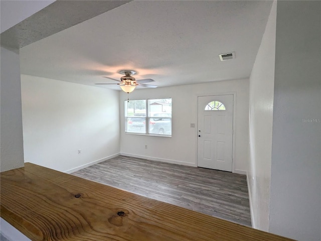 foyer entrance with wood-type flooring and ceiling fan