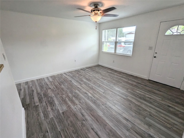 foyer entrance featuring ceiling fan, dark hardwood / wood-style floors, and plenty of natural light