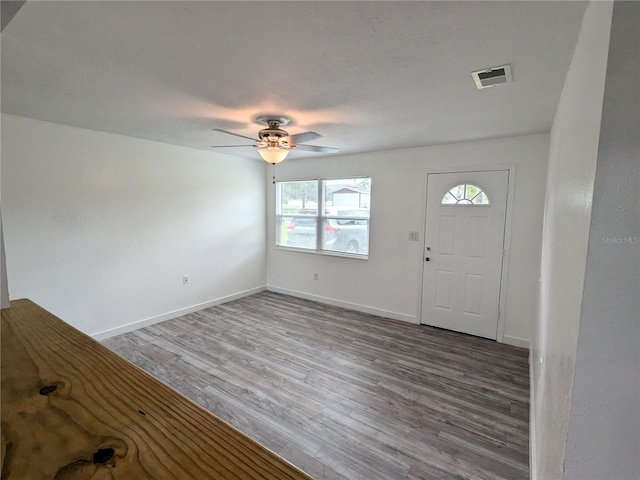 foyer featuring wood-type flooring and ceiling fan