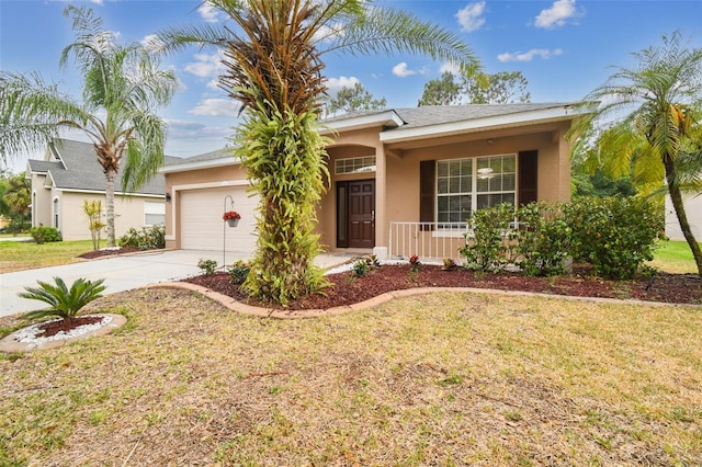 ranch-style home with an attached garage, covered porch, stucco siding, concrete driveway, and a front lawn