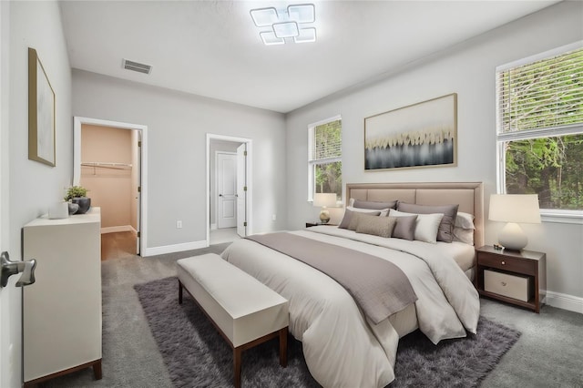 bedroom with visible vents, multiple windows, carpet, and baseboards