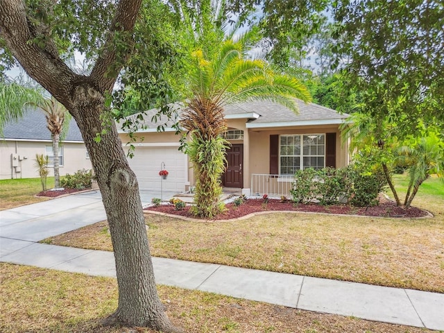 ranch-style house featuring stucco siding, driveway, and a front lawn