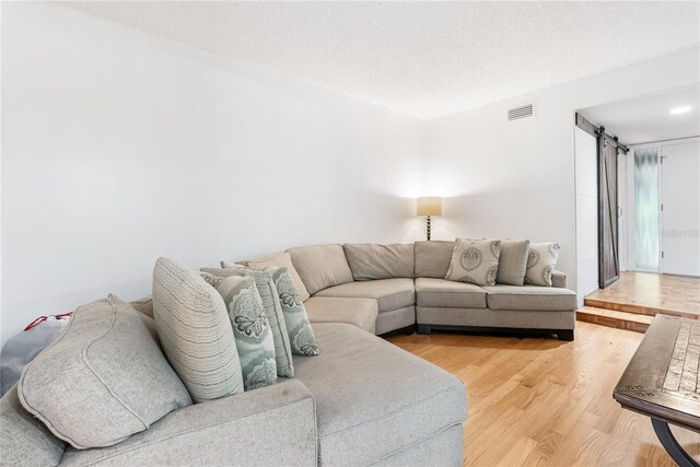 living room featuring a textured ceiling and hardwood / wood-style flooring