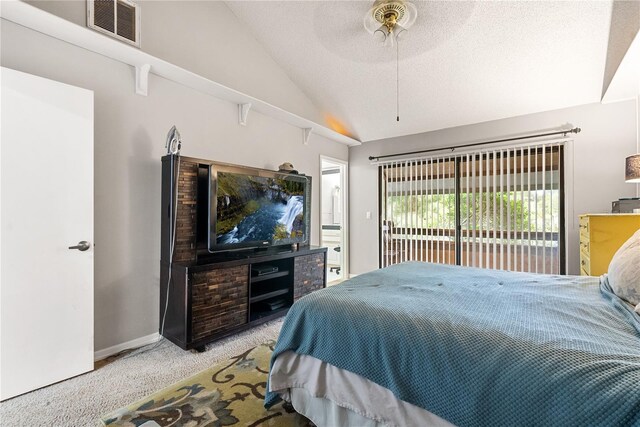 bedroom with a textured ceiling, access to outside, ceiling fan, vaulted ceiling, and light colored carpet